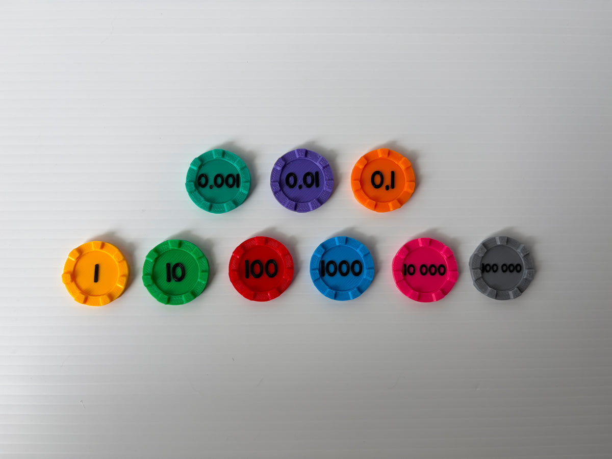 Neuf jetons de numération, un par valeur de 0,001 à 100 000, chacun de sa couleur : décimales en haut, entiers en bas